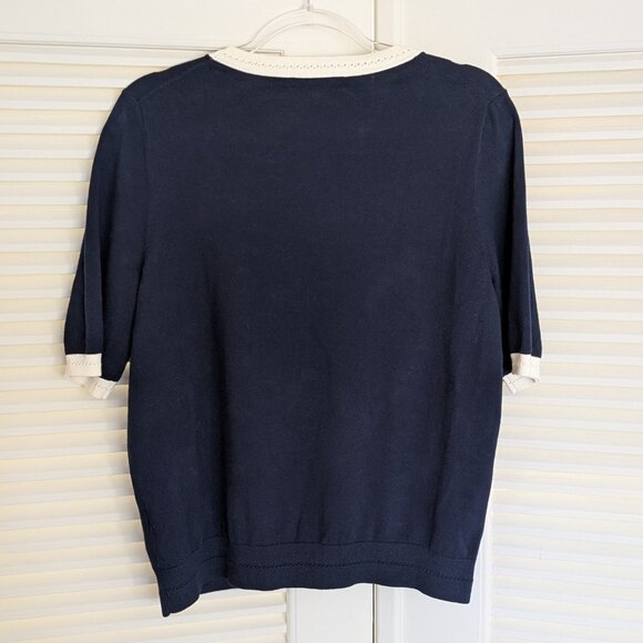 Boden Short Sleeve Emilia Cotton Knit Crew T-Shirt Sweater Navy Ecru Large EUC - Picture 6 of 8